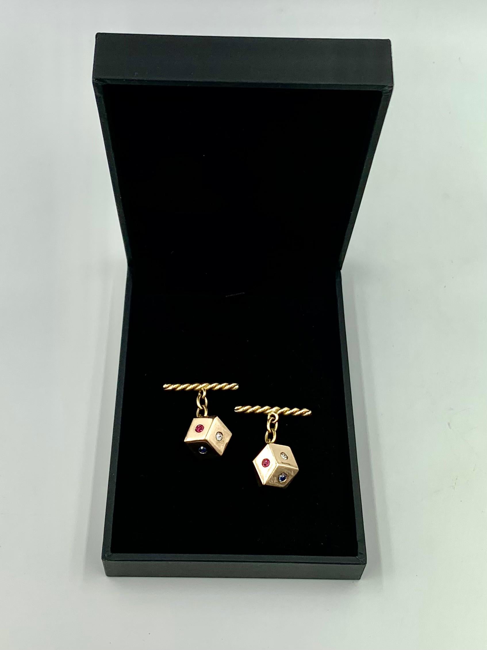 Retro Diamond, Ruby, Sapphire Rose and Yellow 14K Gold Lucky Dice Cufflinks For Sale 3