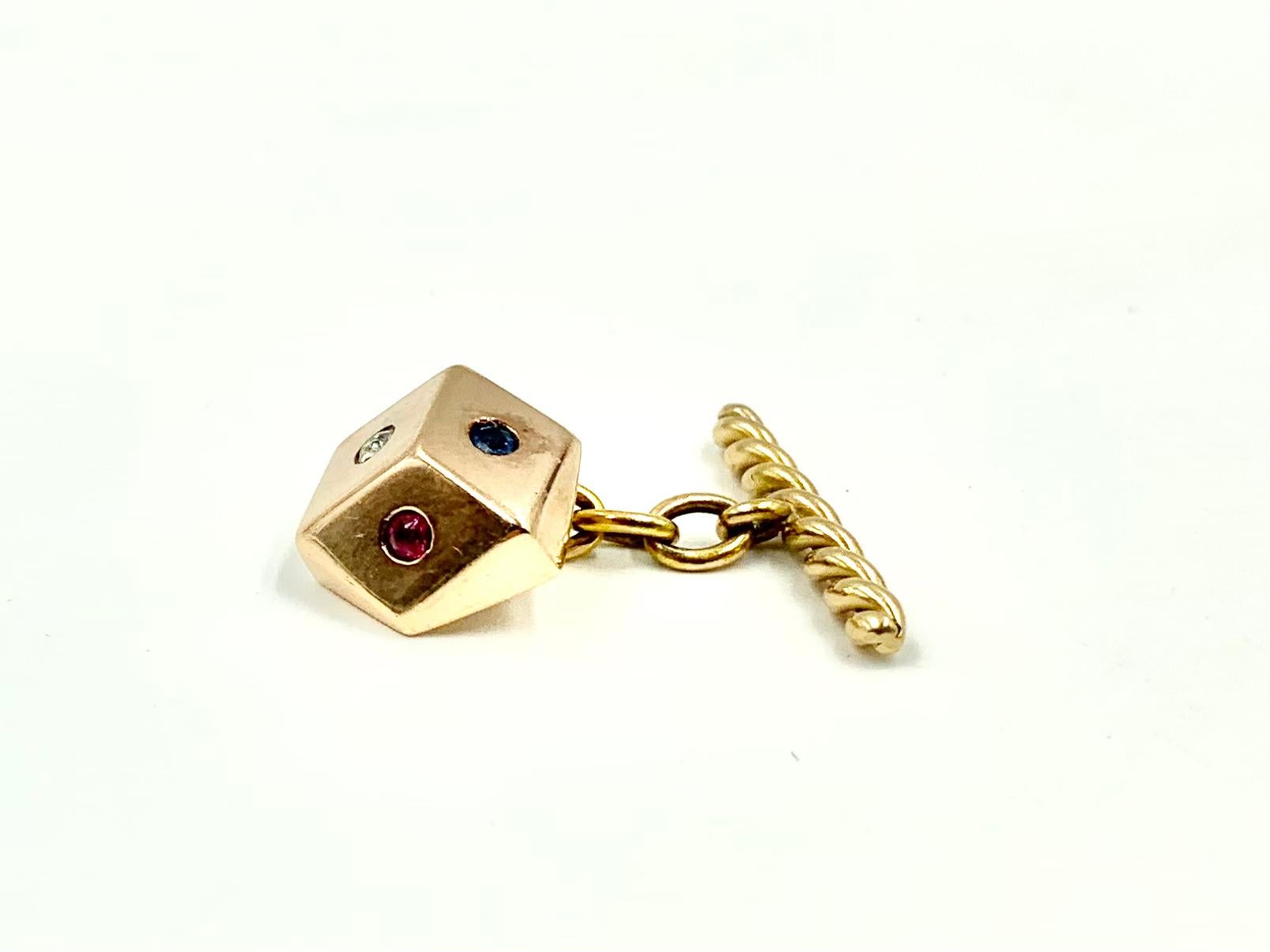 Old European Cut Retro Diamond, Ruby, Sapphire Rose and Yellow 14K Gold Lucky Dice Cufflinks For Sale