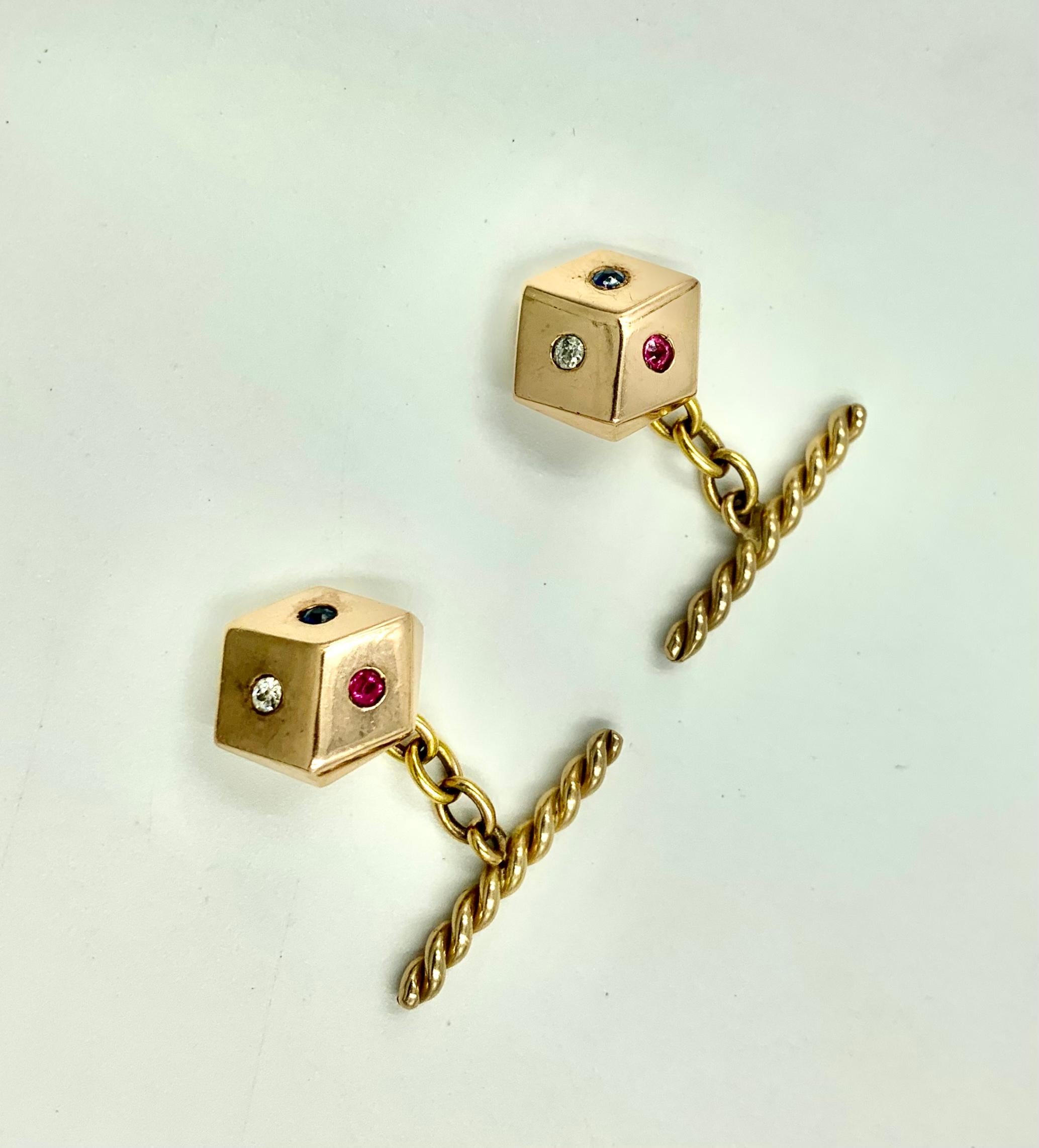 Retro Diamond, Ruby, Sapphire Rose and Yellow 14K Gold Lucky Dice Cufflinks In Good Condition For Sale In New York, NY