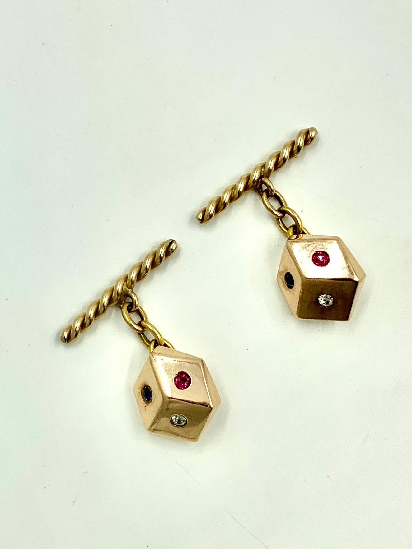 Women's or Men's Retro Diamond, Ruby, Sapphire Rose and Yellow 14K Gold Lucky Dice Cufflinks For Sale