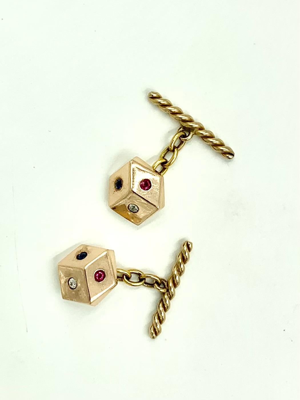 Retro Diamond, Ruby, Sapphire Rose and Yellow 14K Gold Lucky Dice Cufflinks For Sale 2
