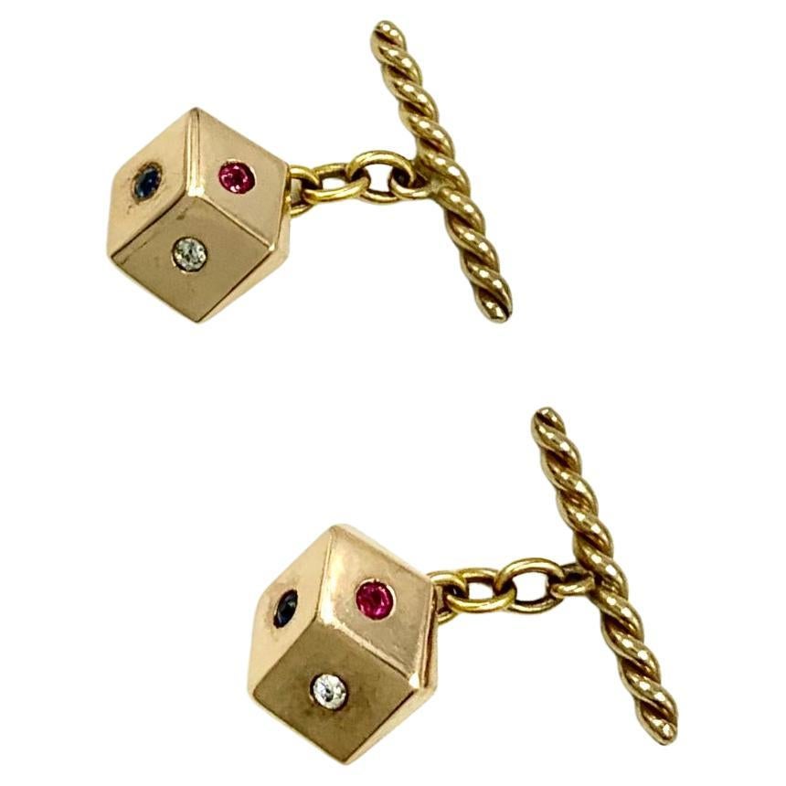 Retro Diamond, Ruby, Sapphire Rose and Yellow 14K Gold Lucky Dice Cufflinks For Sale
