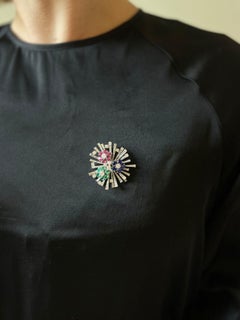 Midcentury Retro Diamond Sapphire Ruby Emerald Platinum Brooch