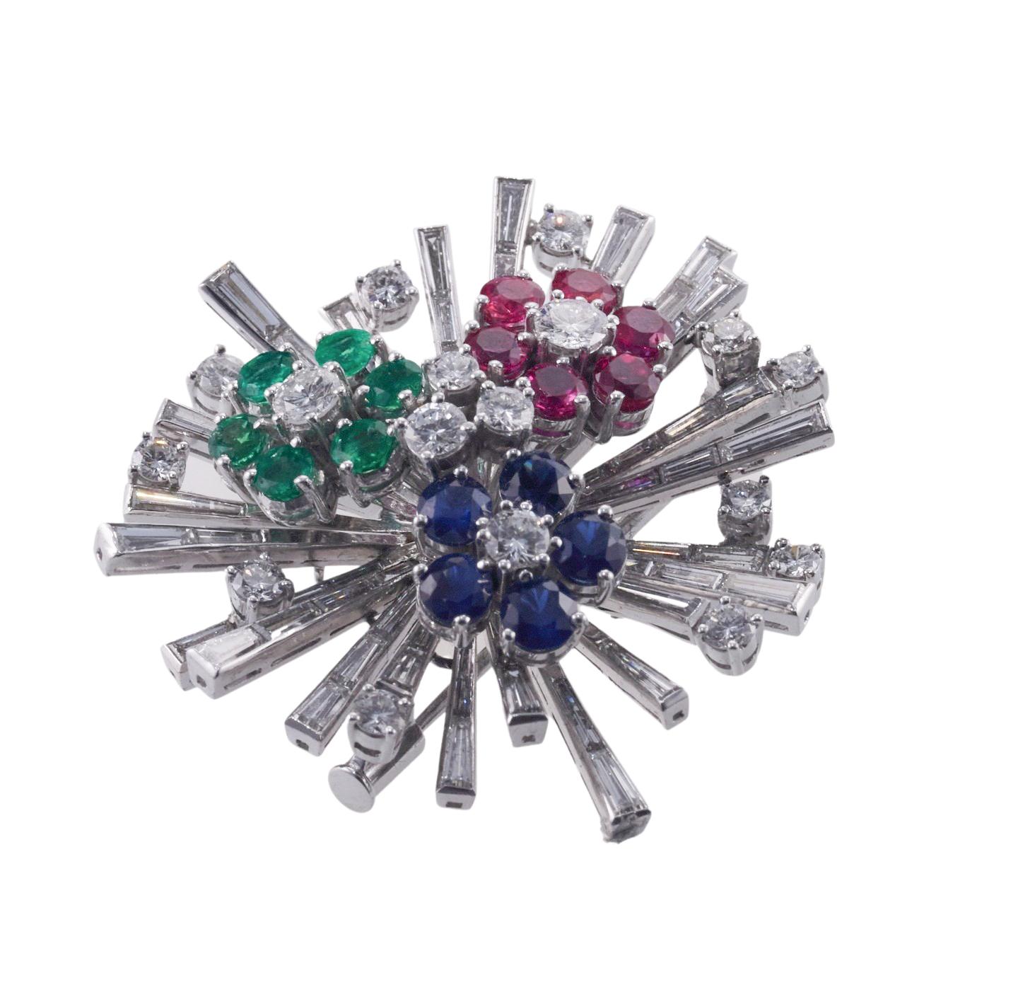 Midcentury Retro Diamond Sapphire Ruby Emerald Platinum Brooch In Excellent Condition For Sale In New York, NY