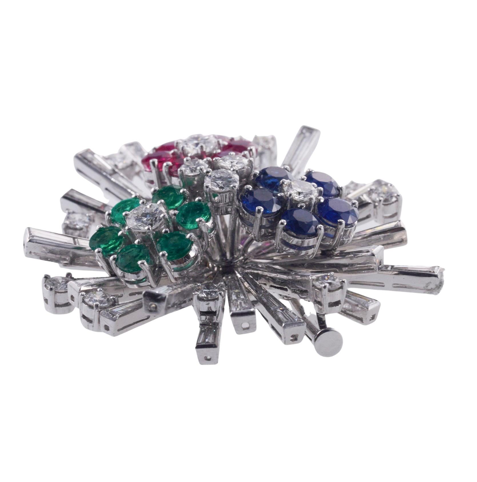 Midcentury Retro Diamond Sapphire Ruby Emerald Platinum Brooch For Sale 1