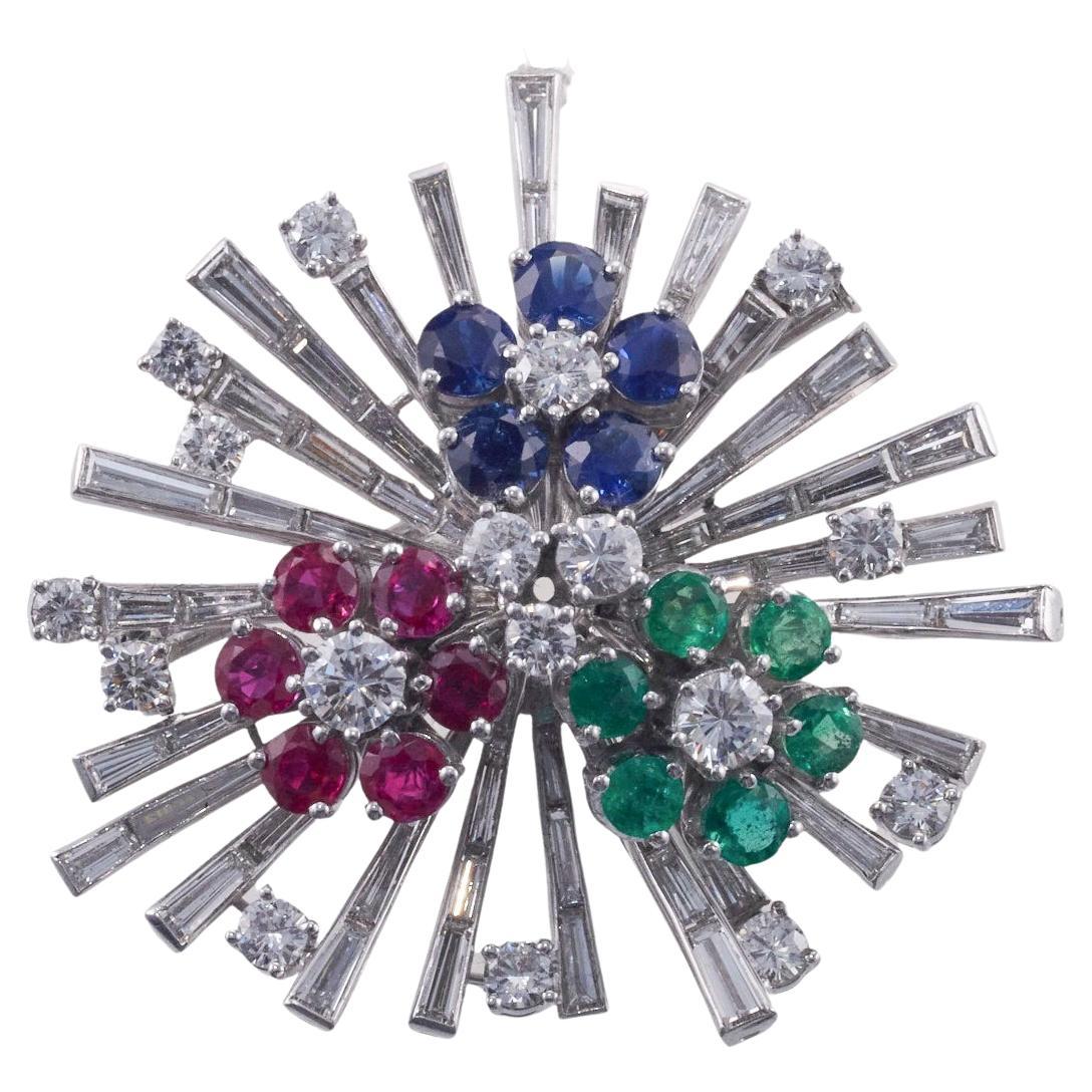 Midcentury Retro Diamond Sapphire Ruby Emerald Platinum Brooch For Sale