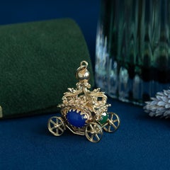 MidCentury Retro Golden Carriage Charm with Chalcedony Gems, Articulated Wheels