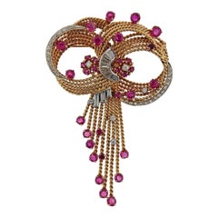 Midcentury Retro Ruby Diamond Gold Brooch Pendant Midcentury Retro Ruby Diamond Gold Brooch Pendant