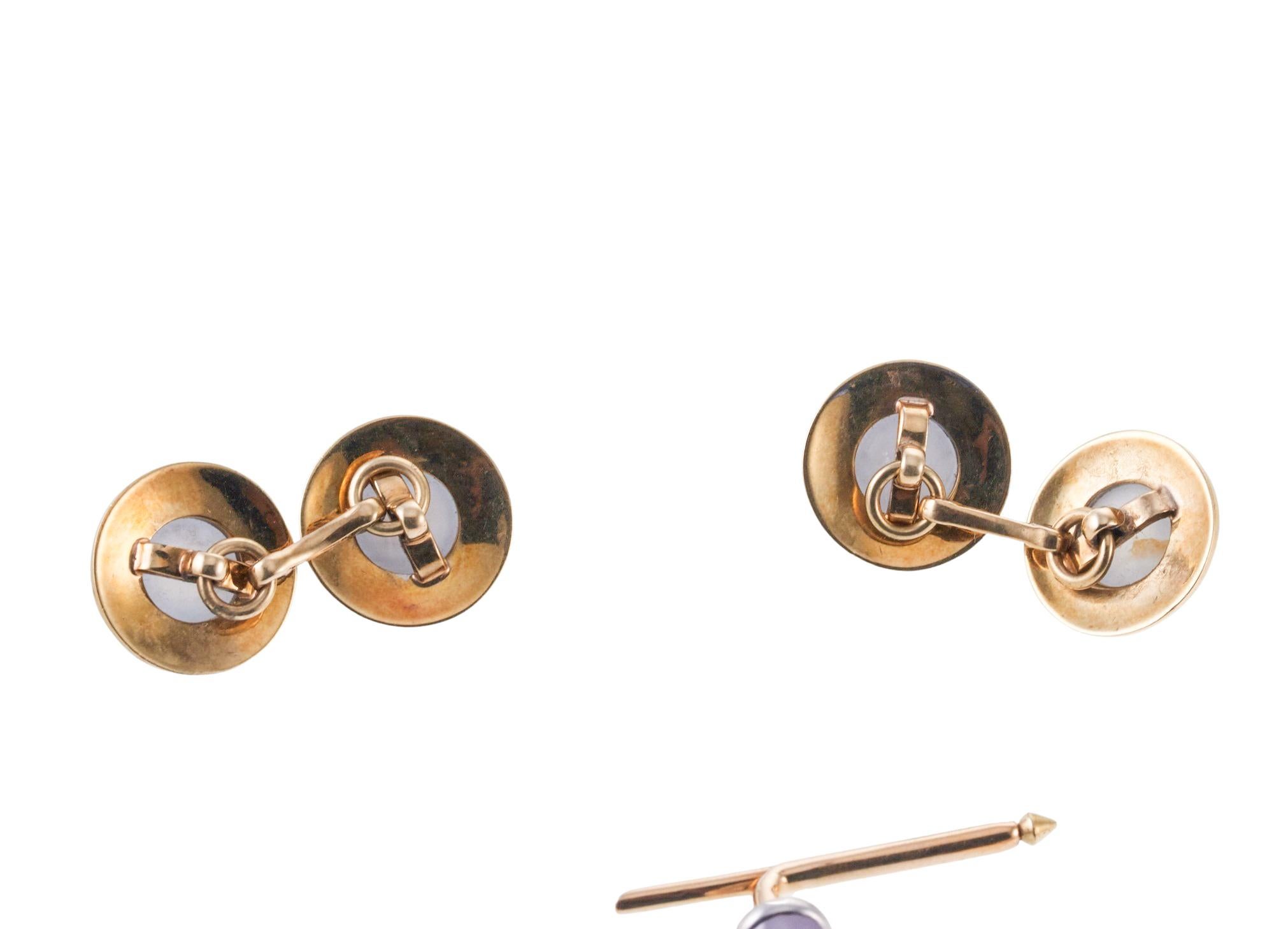 Men's Midcentury Retro Star Sapphire Cabochon Gold Cufflinks Studs Set For Sale