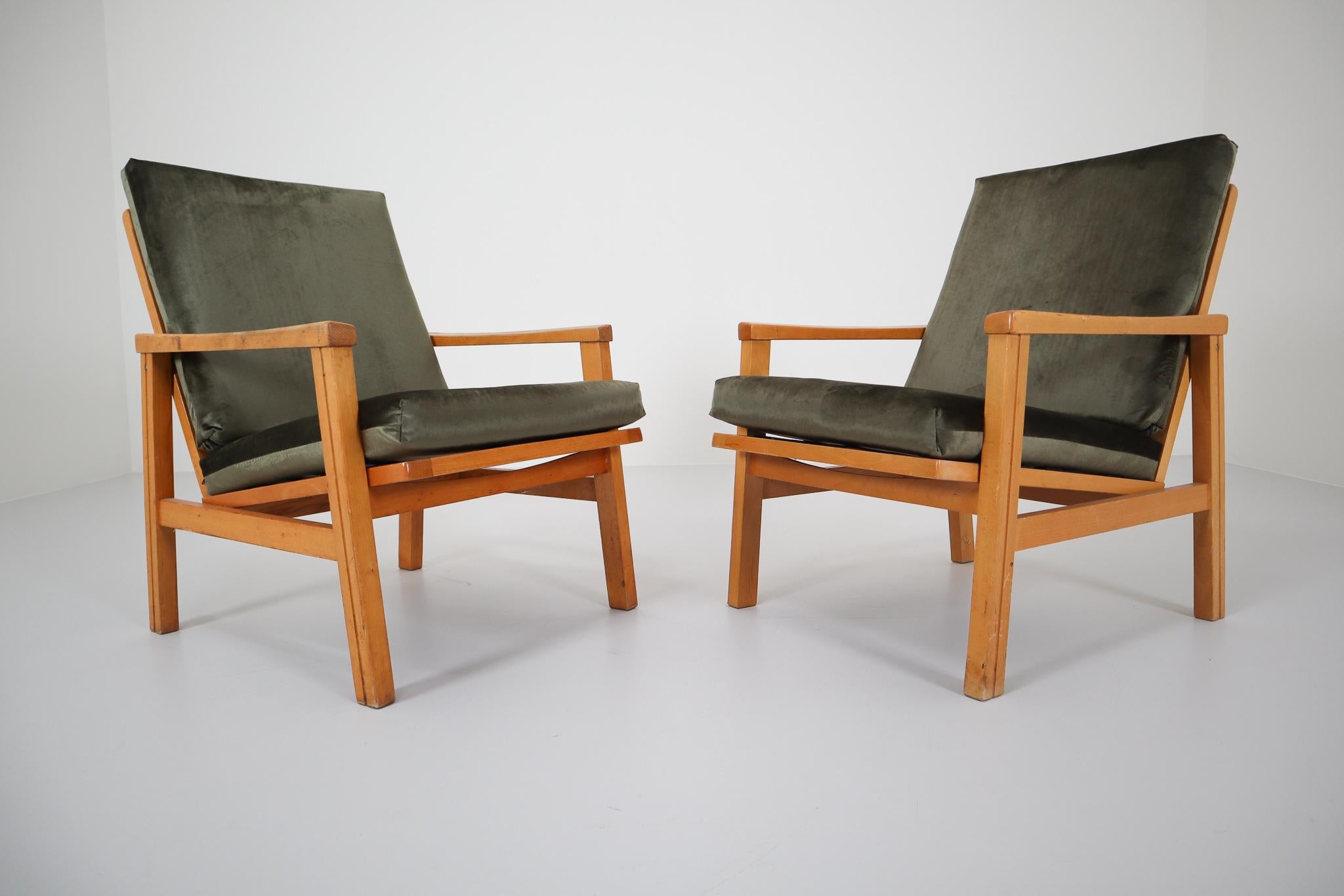 Mid-Century Modern Midcentury Reupholstered Lounge Chairs in Green Velvet, Czech Republic, 1970s