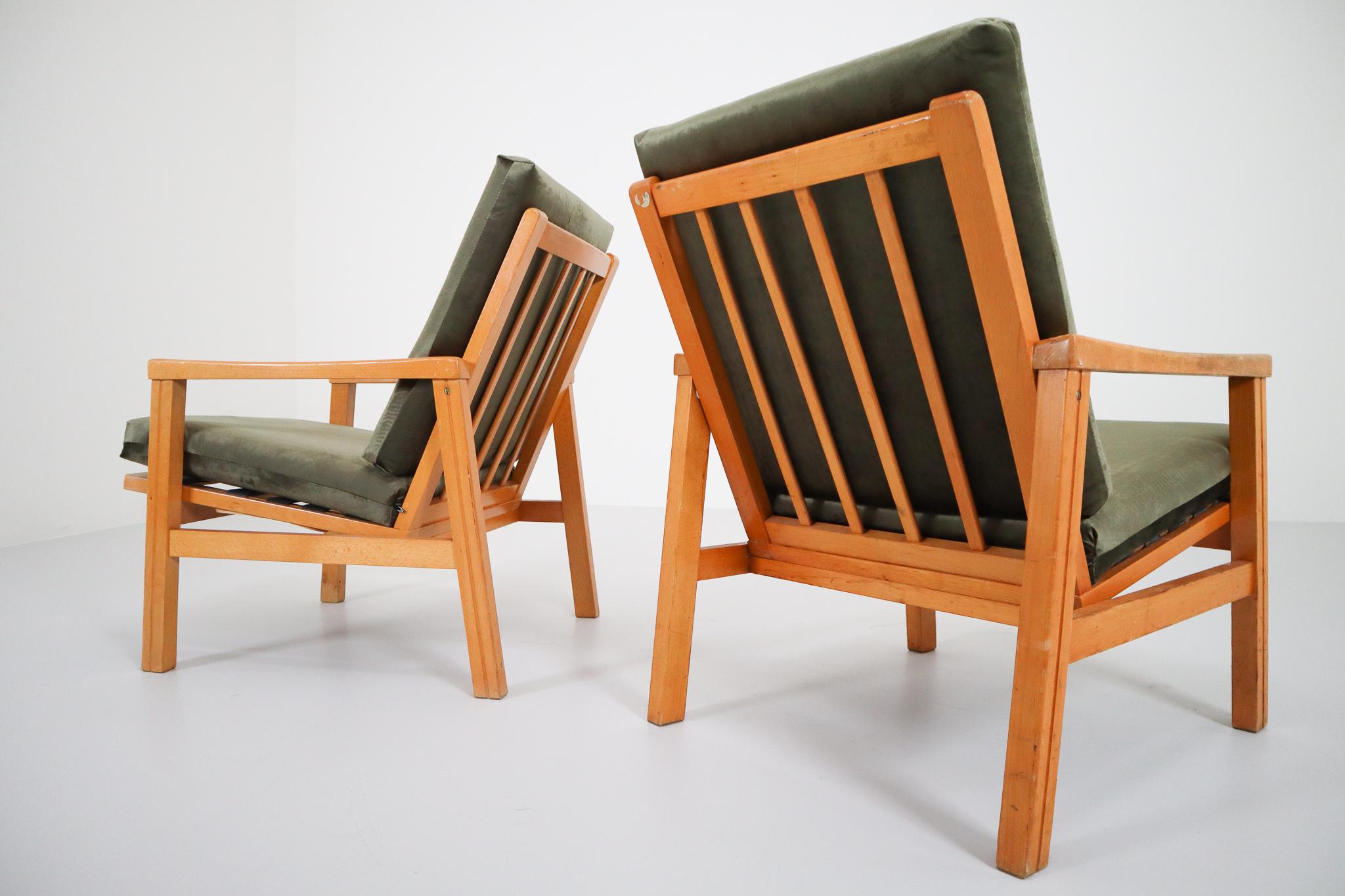 Midcentury Reupholstered Lounge Chairs in Green Velvet, Czech Republic, 1970s 2