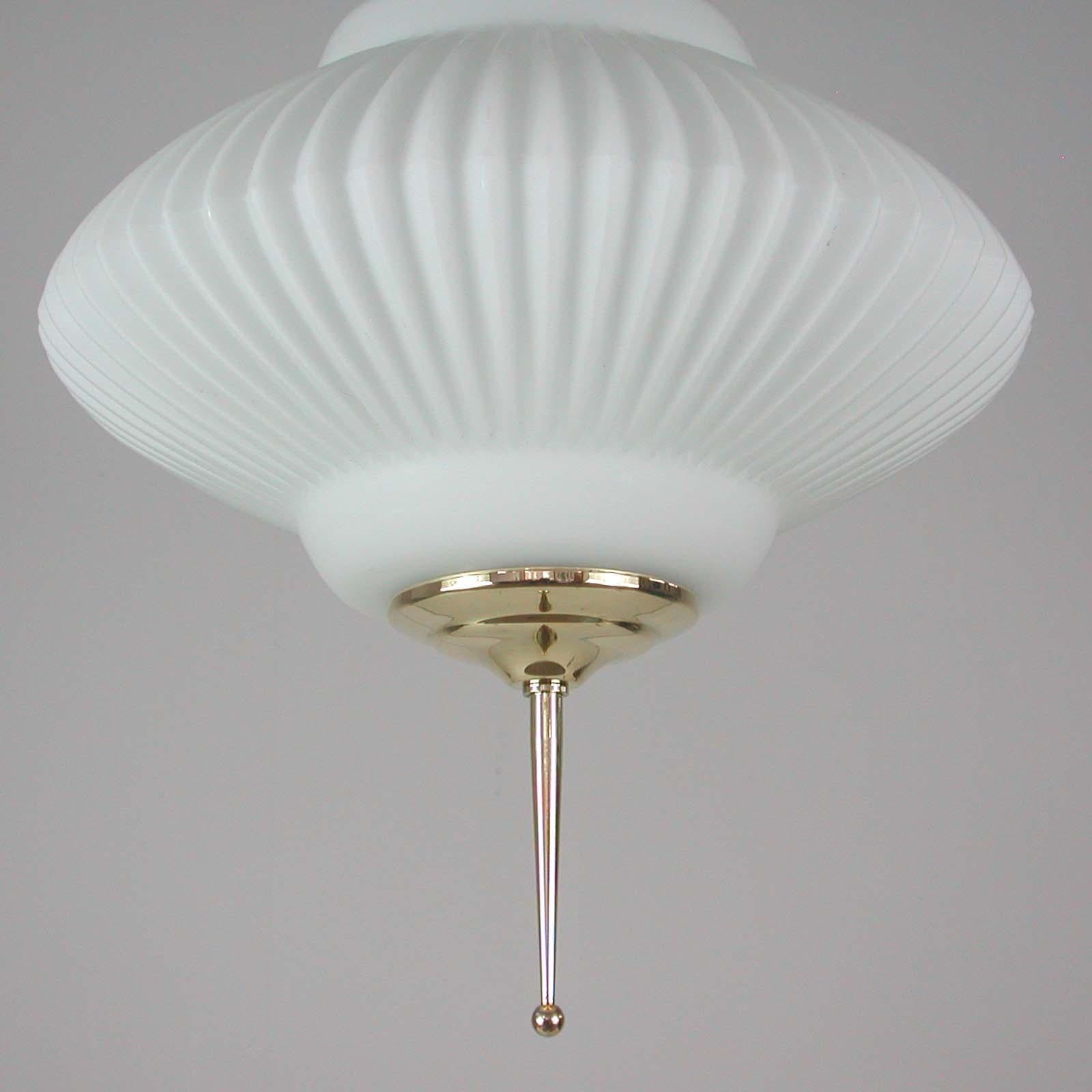 Midcentury Ribbed Milk Glass & Brass Globe Pendant, Stilnovo 'attr.' For Sale 7