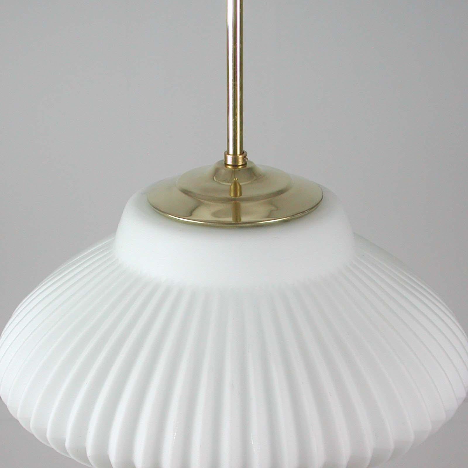 Midcentury Ribbed Milk Glass & Brass Globe Pendant, Stilnovo 'attr.' For Sale 9