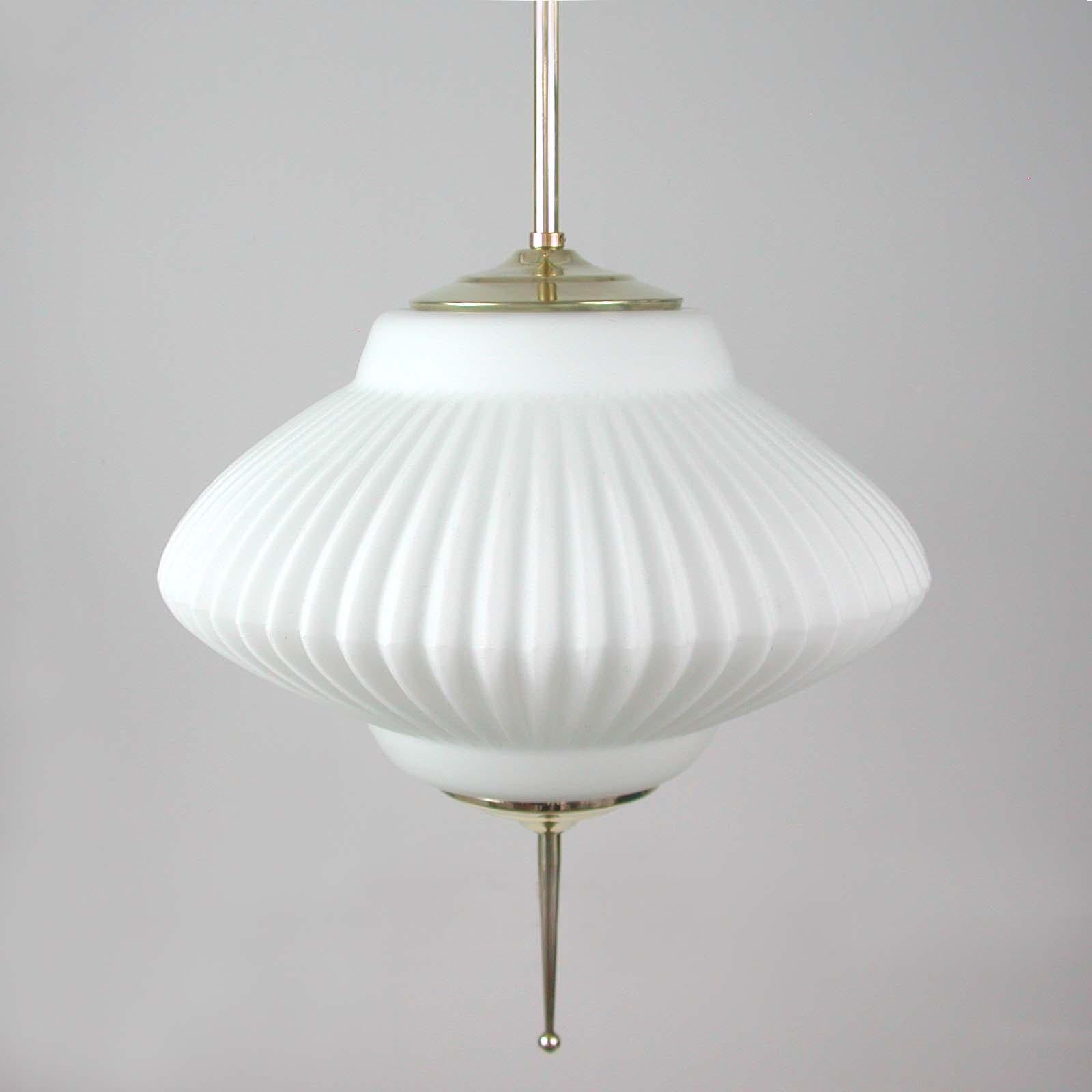 Midcentury Ribbed Milk Glass & Brass Globe Pendant, Stilnovo 'attr.' For Sale 11