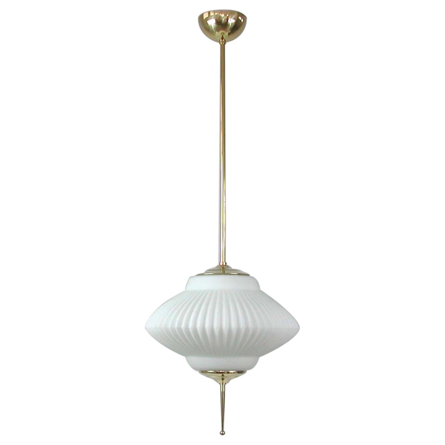 Midcentury Ribbed Milk Glass & Brass Globe Pendant, Stilnovo 'attr.' For Sale