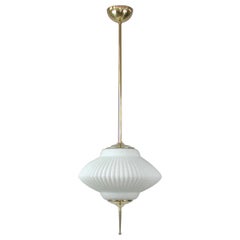 Midcentury Ribbed Milk Glass & Brass Globe Pendant, Stilnovo 'attr.'