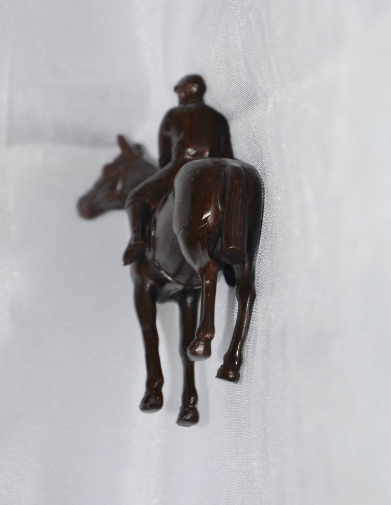 Midcentury Rider on Horse Japanese Cast Metal Bronze Finish Miniature Statue For Sale at 1stdibs