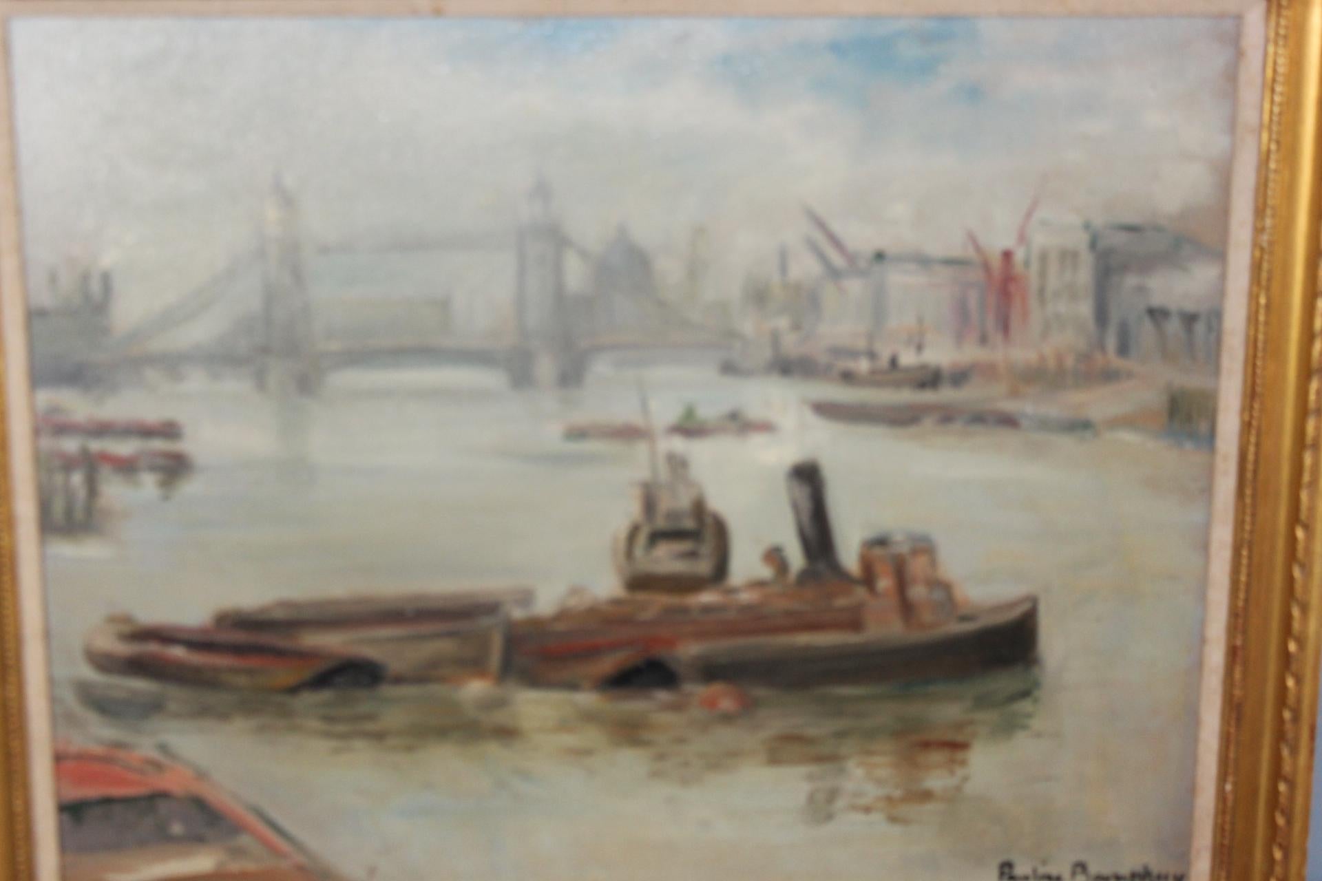 Tugboats on the River Thames with London Bridge – Mid-Century Oil Painting For Sale 2