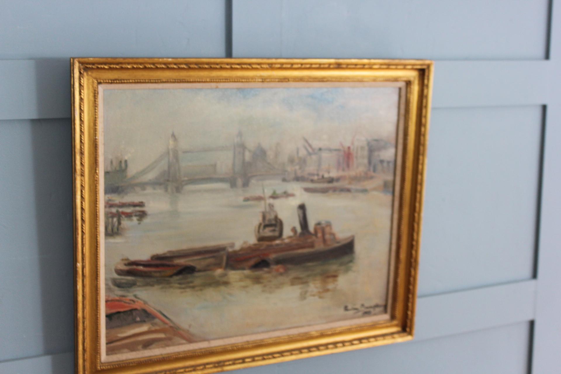 Tugboats on the River Thames with London Bridge – Mid-Century Oil Painting For Sale 3
