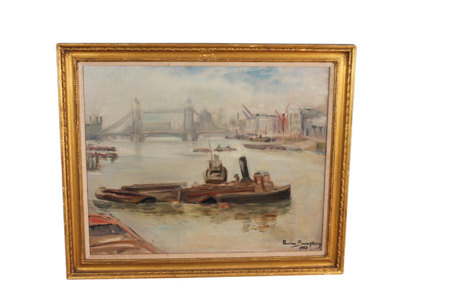 Lovely atmospheric oil painting of tug boats on the River Thames with London Bridge in the background.
This midcentury oil painting captures a dynamic and bustling scene of tugboats navigating the River Thames, with the iconic London Bridge
