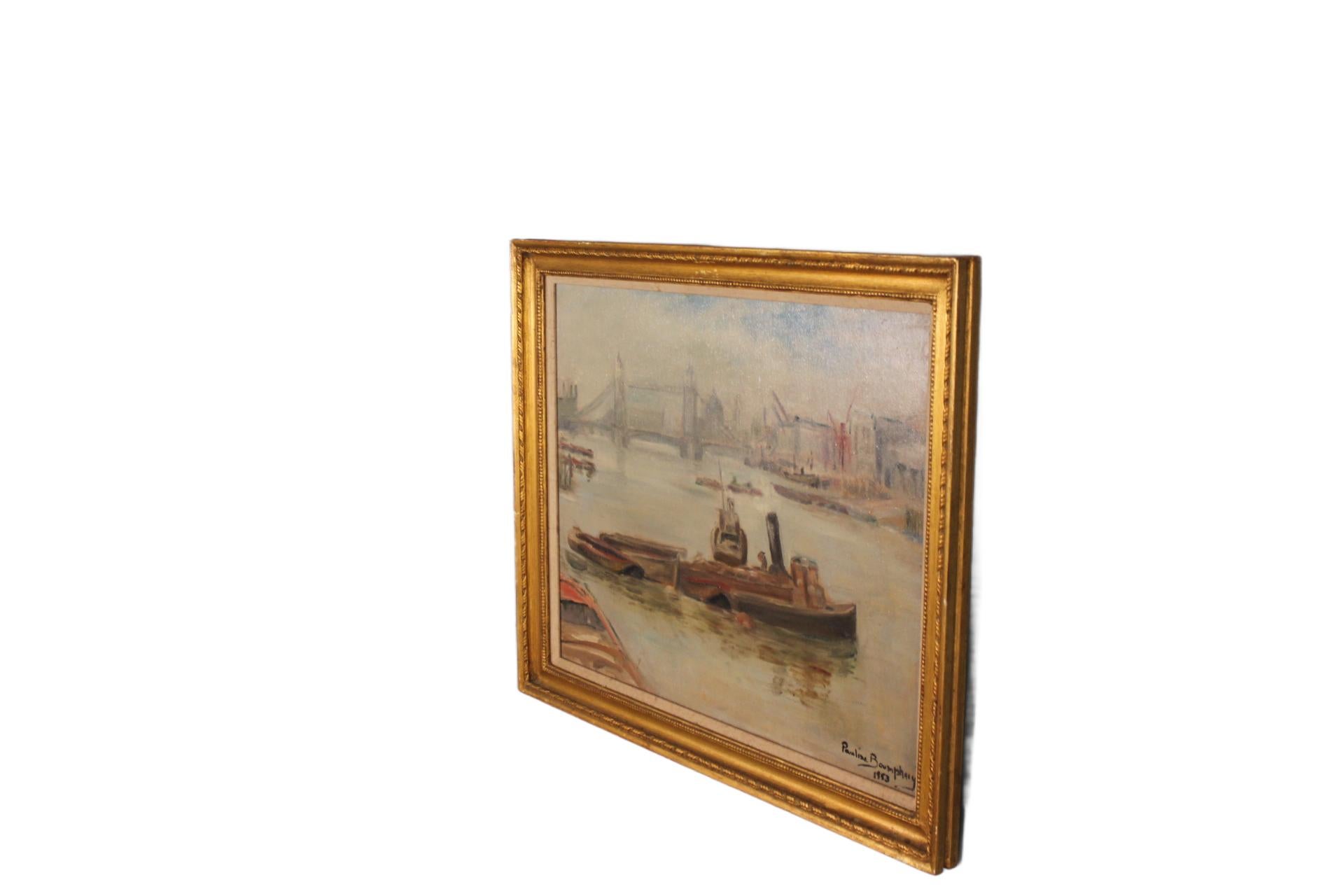 Mid-Century Modern Tugboats on the River Thames with London Bridge – Mid-Century Oil Painting For Sale