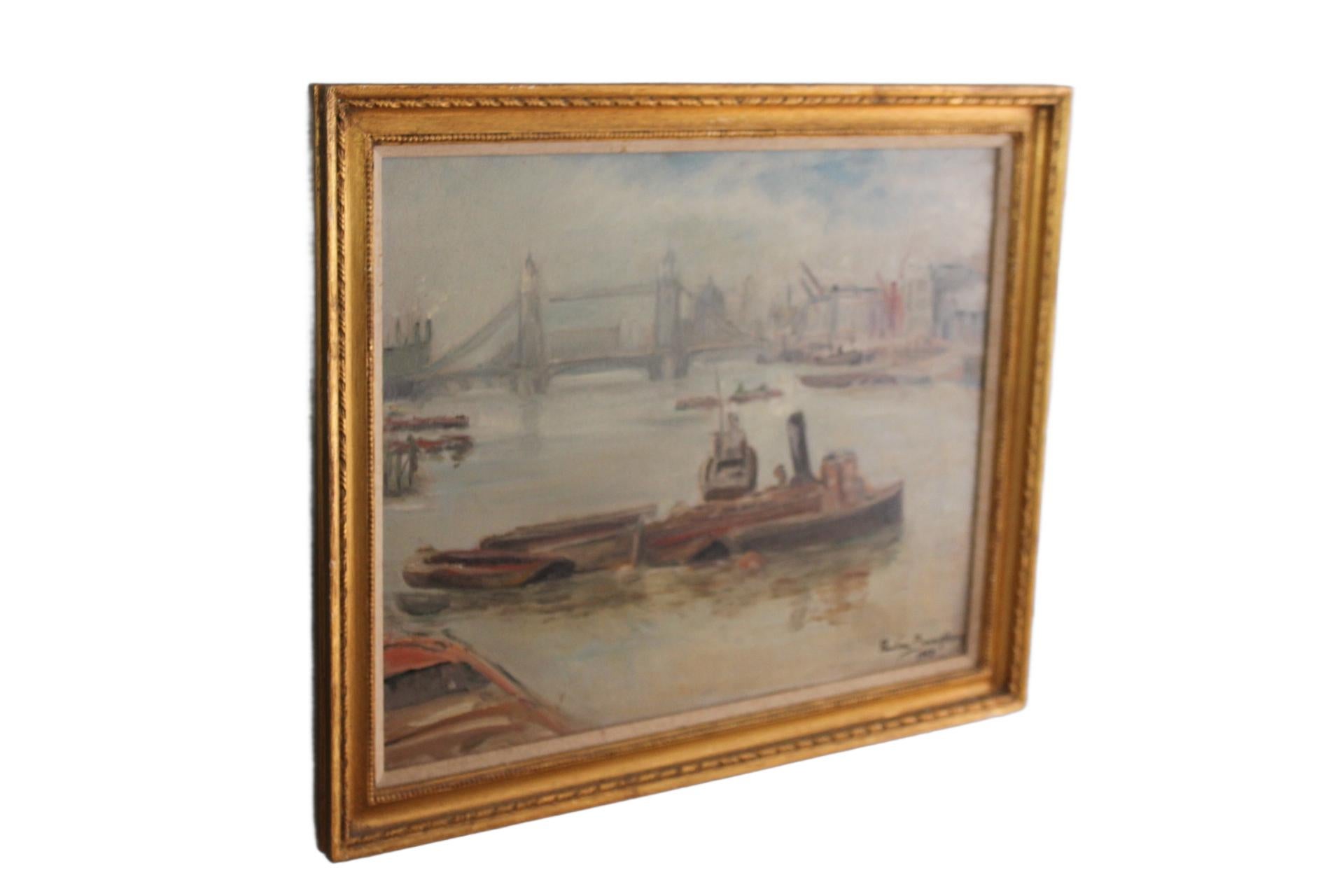 English Tugboats on the River Thames with London Bridge – Mid-Century Oil Painting For Sale