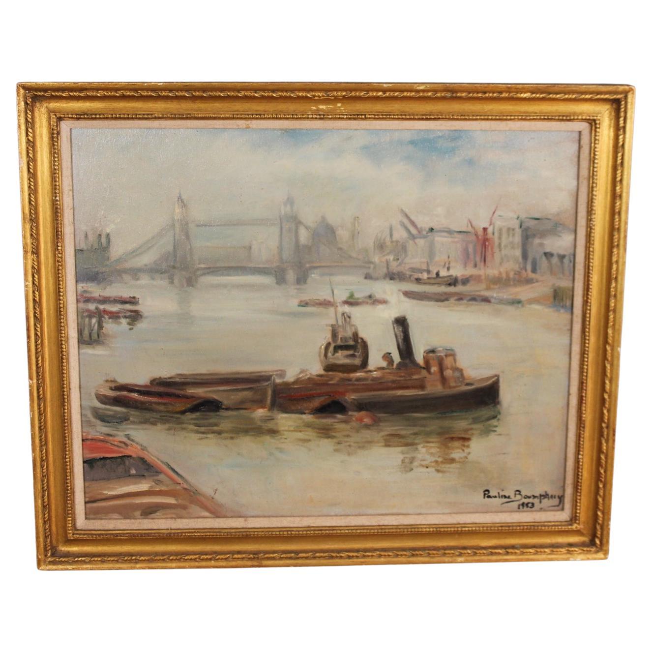 Tugboats on the River Thames with London Bridge – Mid-Century Oil Painting For Sale