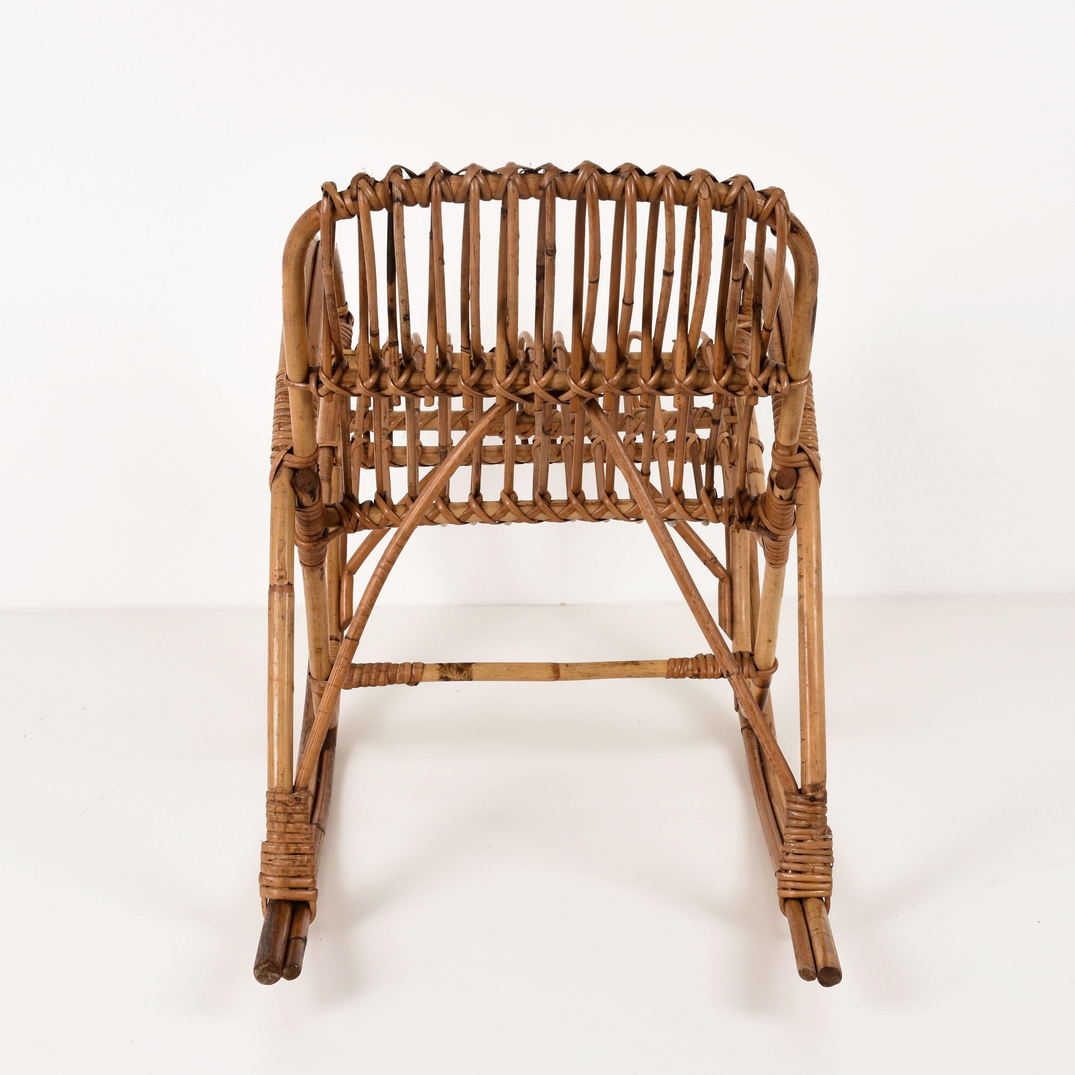 20th Century Midcentury Riviera Rattan and Bamboo Italian Rocking Chair for Children, 1950s For Sale