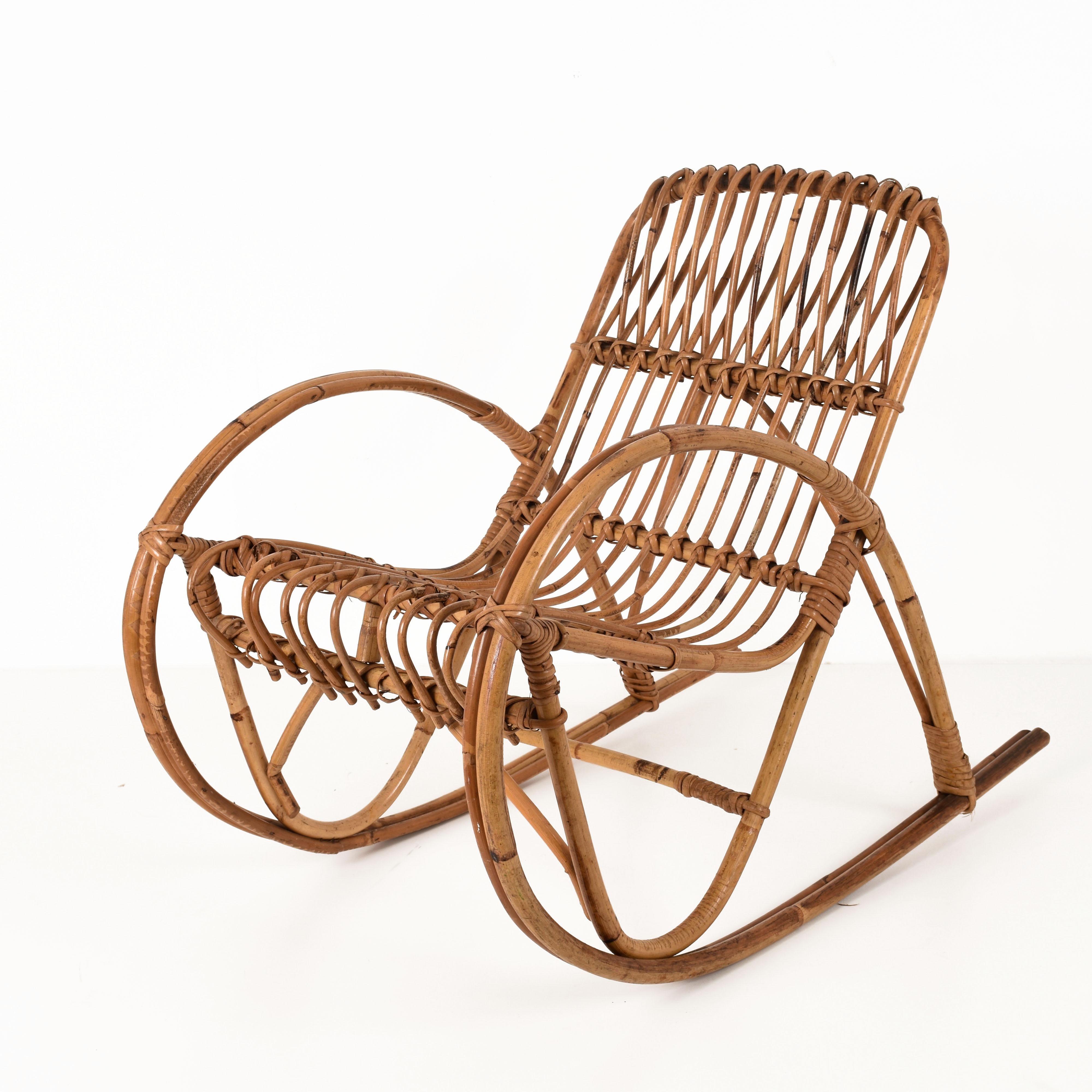 Midcentury Riviera Rattan and Bamboo Italian Rocking Chair for Children, 1950s For Sale 1