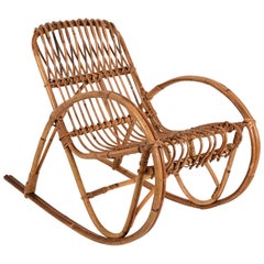 Midcentury Riviera Rattan and Bamboo Italian Rocking Chair for Children, 1950s