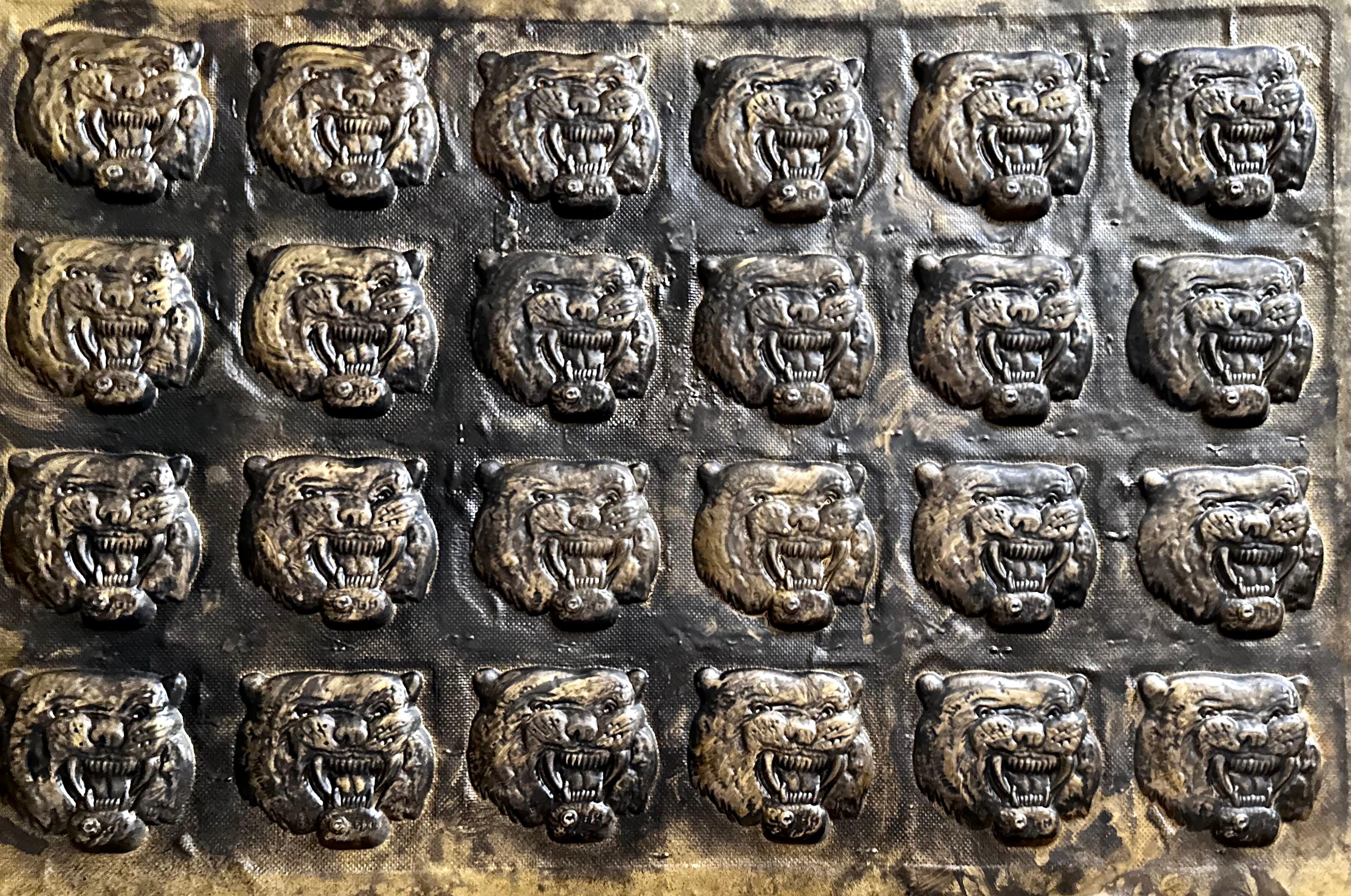 Midcentury Roaring Tiger Bronze-Finish Wall or Ceiling Tiles, Decorative Plates