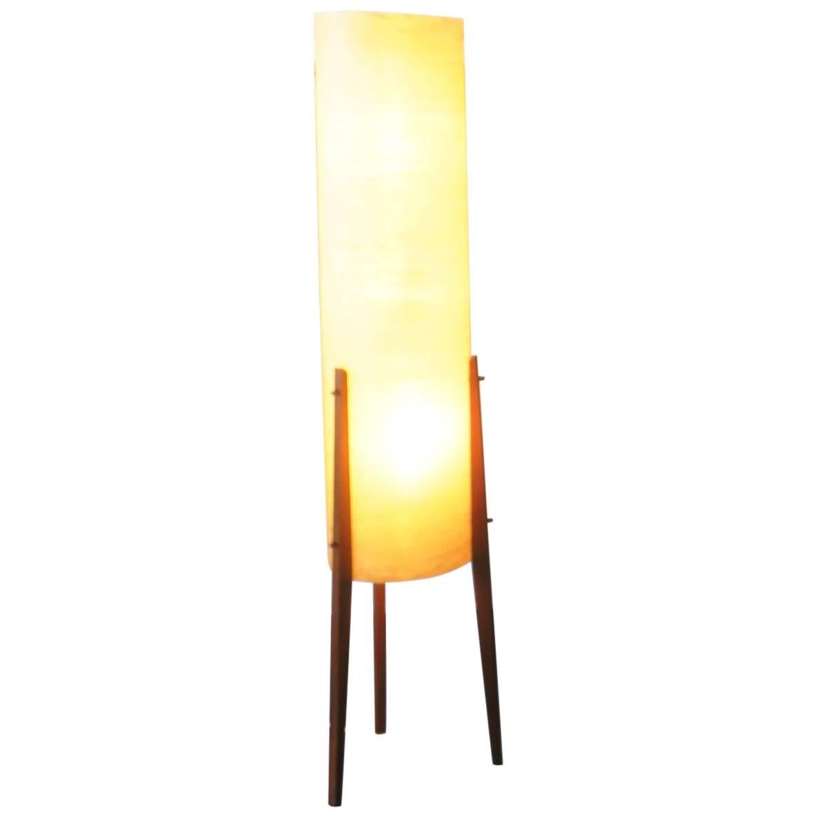 Midcentury Rocket Floor Lamp in Fiber Glass and Teak For Sale