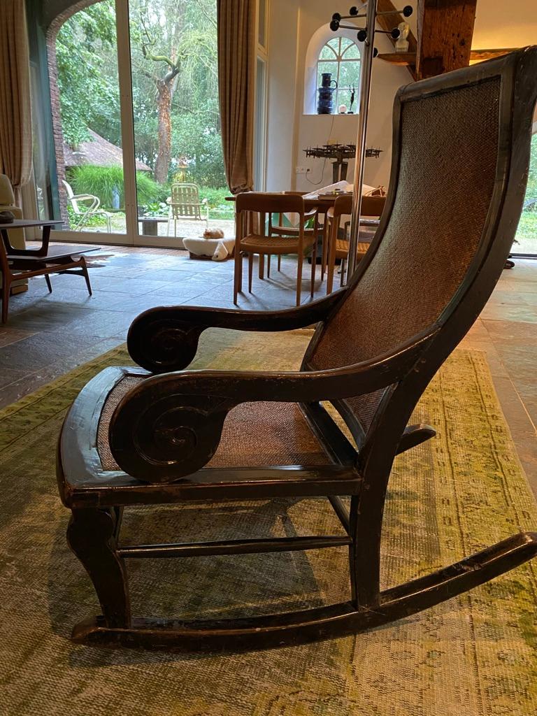 Anglo-Indian Midcentury Rocking Chair, Hardwood and Rattan, 1970's, England For Sale