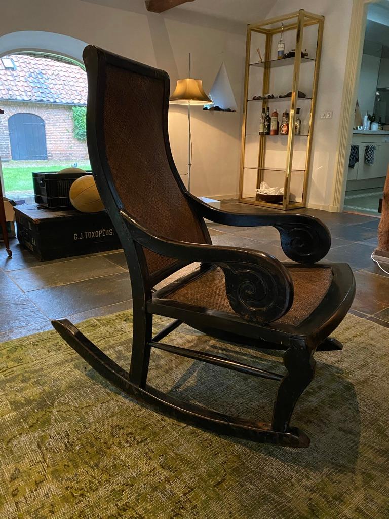 British Midcentury Rocking Chair, Hardwood and Rattan, 1970's, England For Sale