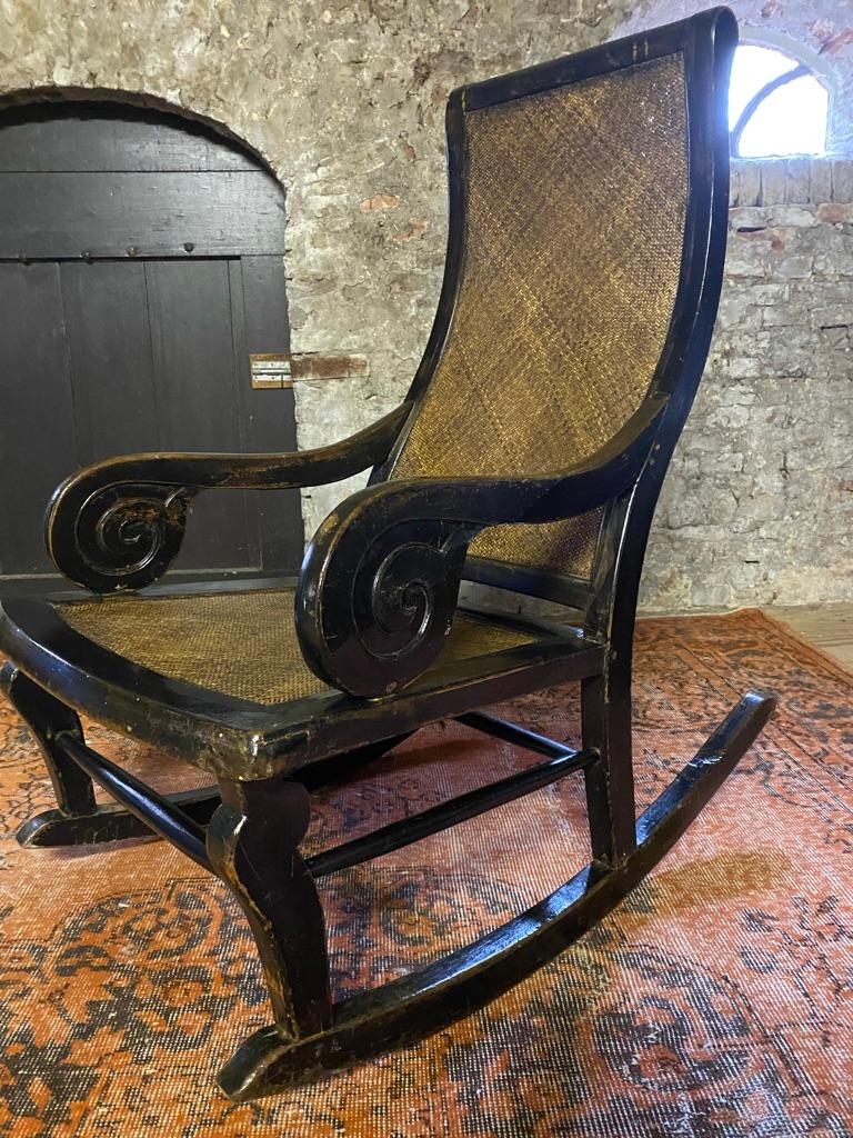 Woven Midcentury Rocking Chair, Hardwood and Rattan, 1970's, England For Sale