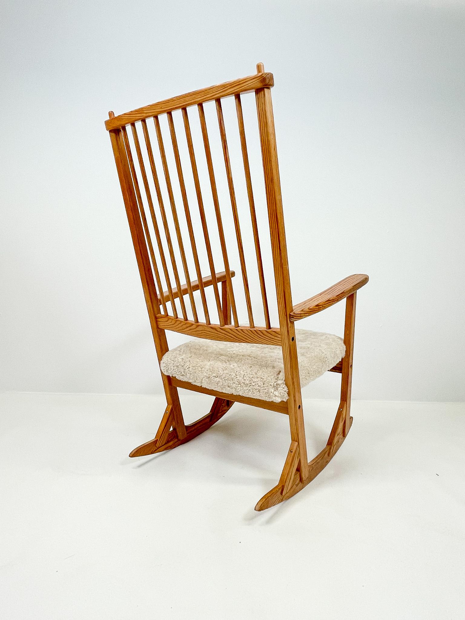Midcentury Rocking Chair in Pine and Sheepskin Yngve Ekström Sweden For Sale 2
