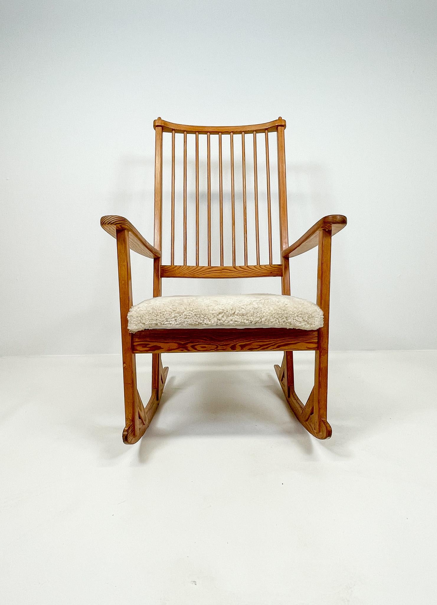 Mid-Century Modern Midcentury Rocking Chair in Pine and Sheepskin Yngve Ekström Sweden For Sale