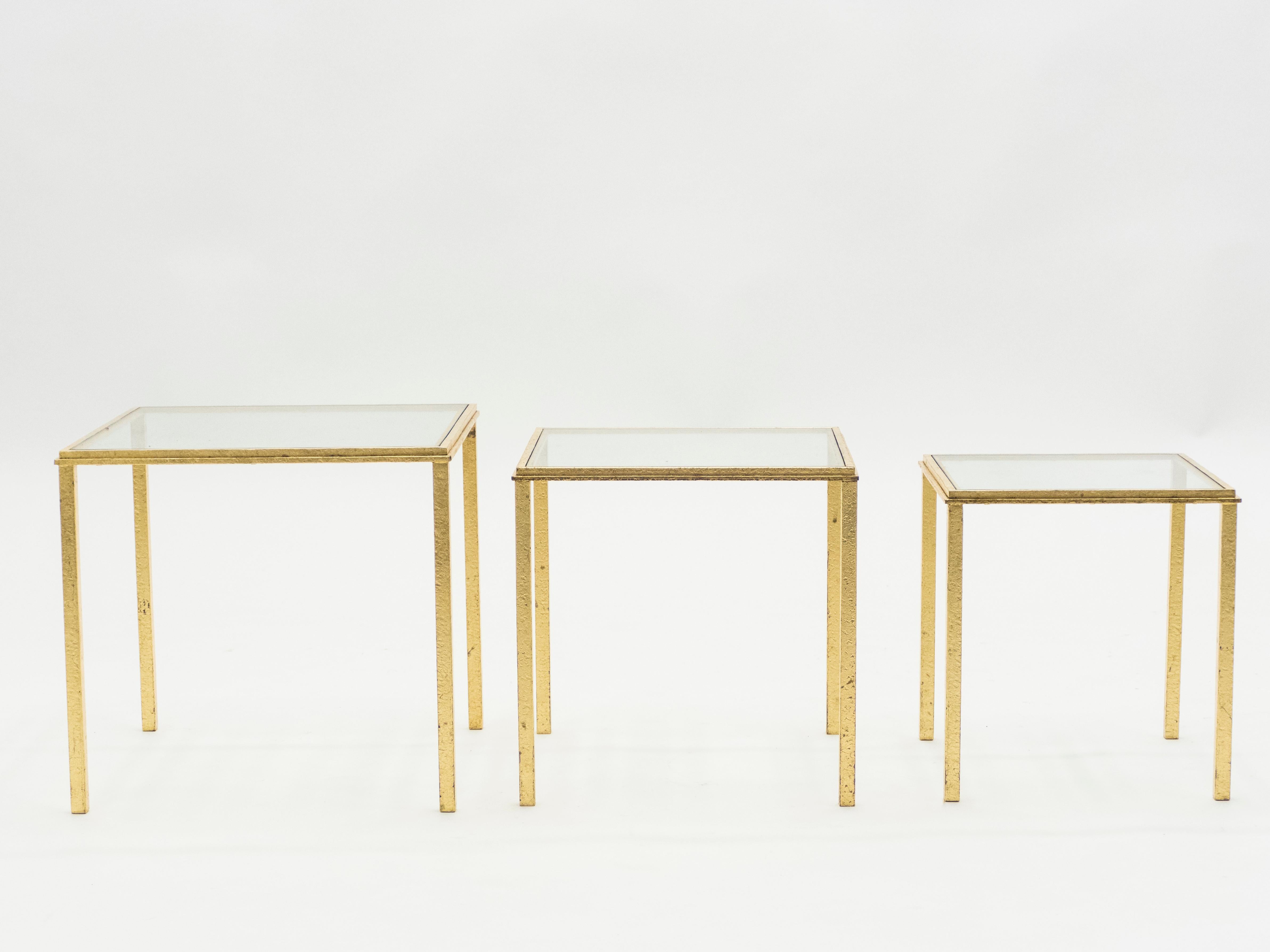 Midcentury Roger Thibier Gilt Wrought Iron Gold Leaf Nesting Tables, 1960s For Sale 3