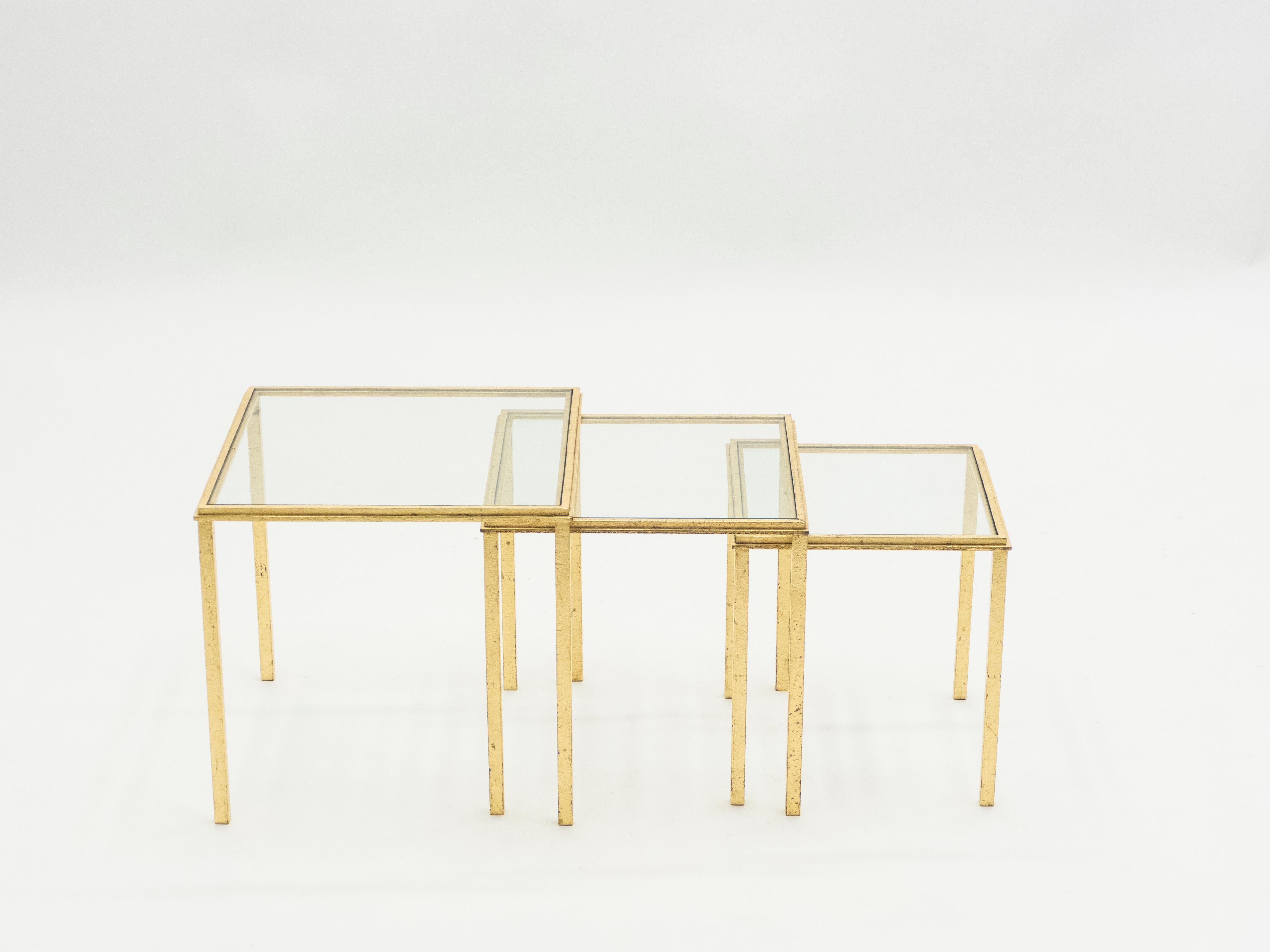 Midcentury Roger Thibier Gilt Wrought Iron Gold Leaf Nesting Tables, 1960s For Sale 4