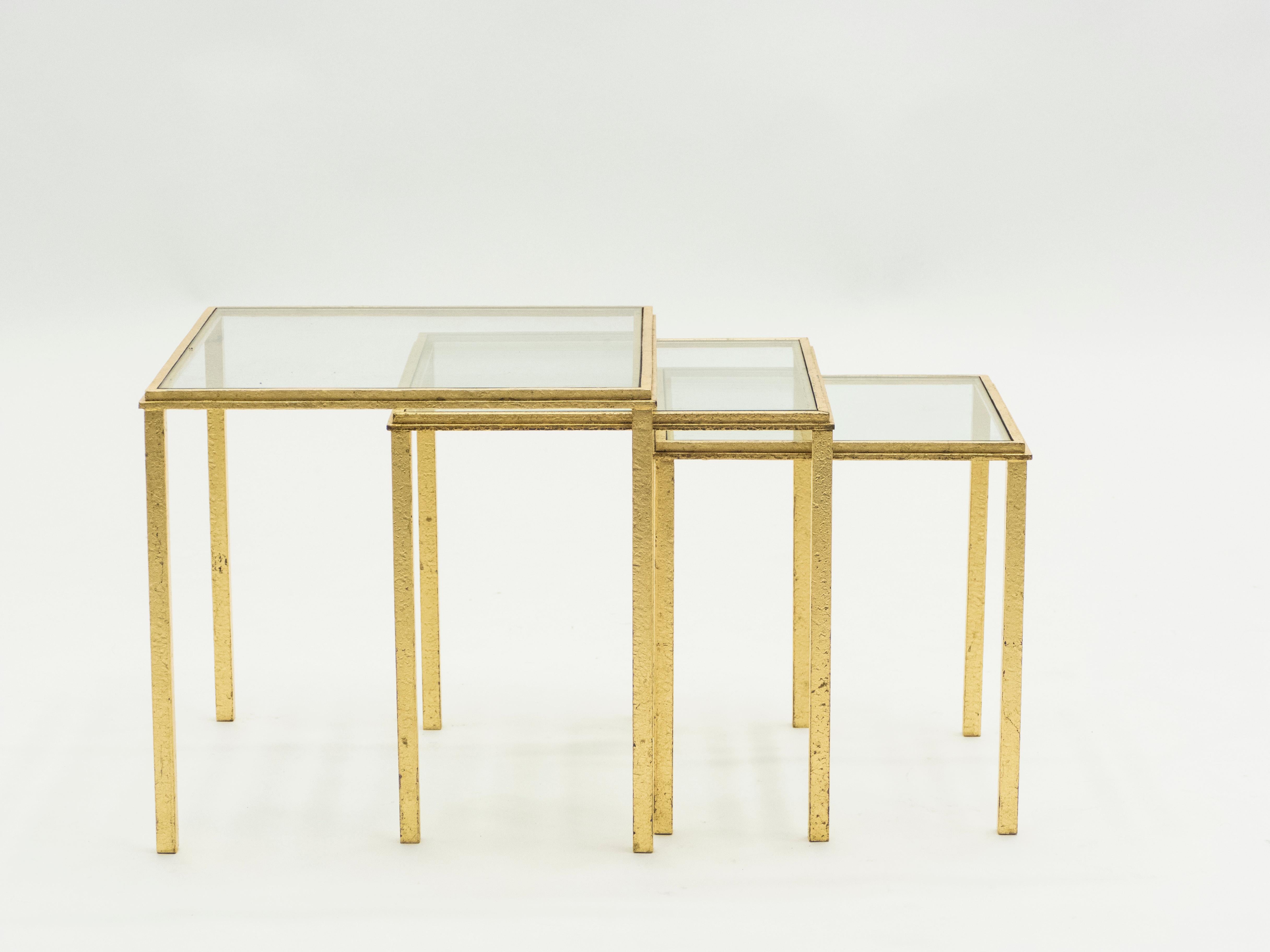 Midcentury Roger Thibier Gilt Wrought Iron Gold Leaf Nesting Tables, 1960s For Sale 5