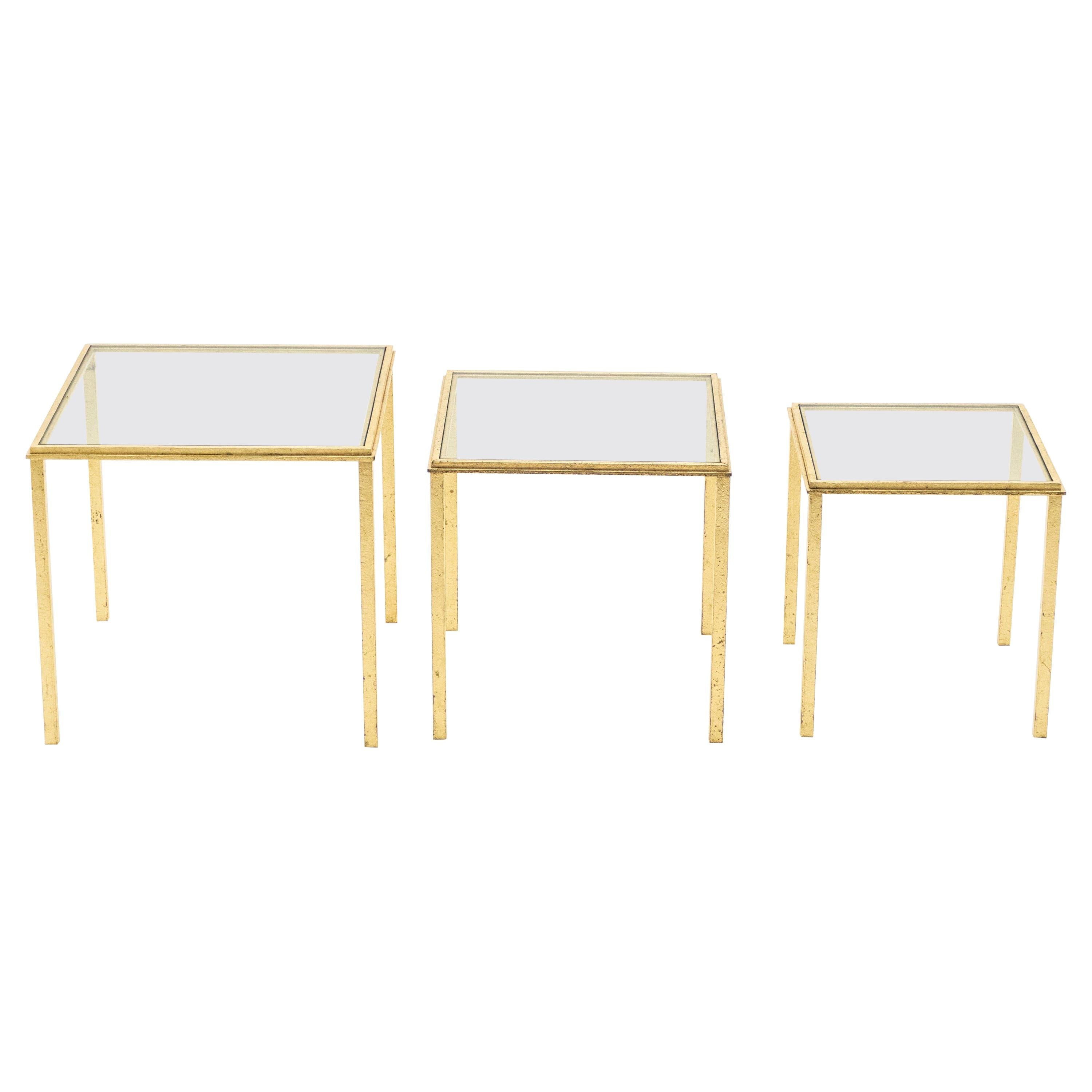 Mid-Century Modern Midcentury Roger Thibier Gilt Wrought Iron Gold Leaf Nesting Tables, 1960s For Sale