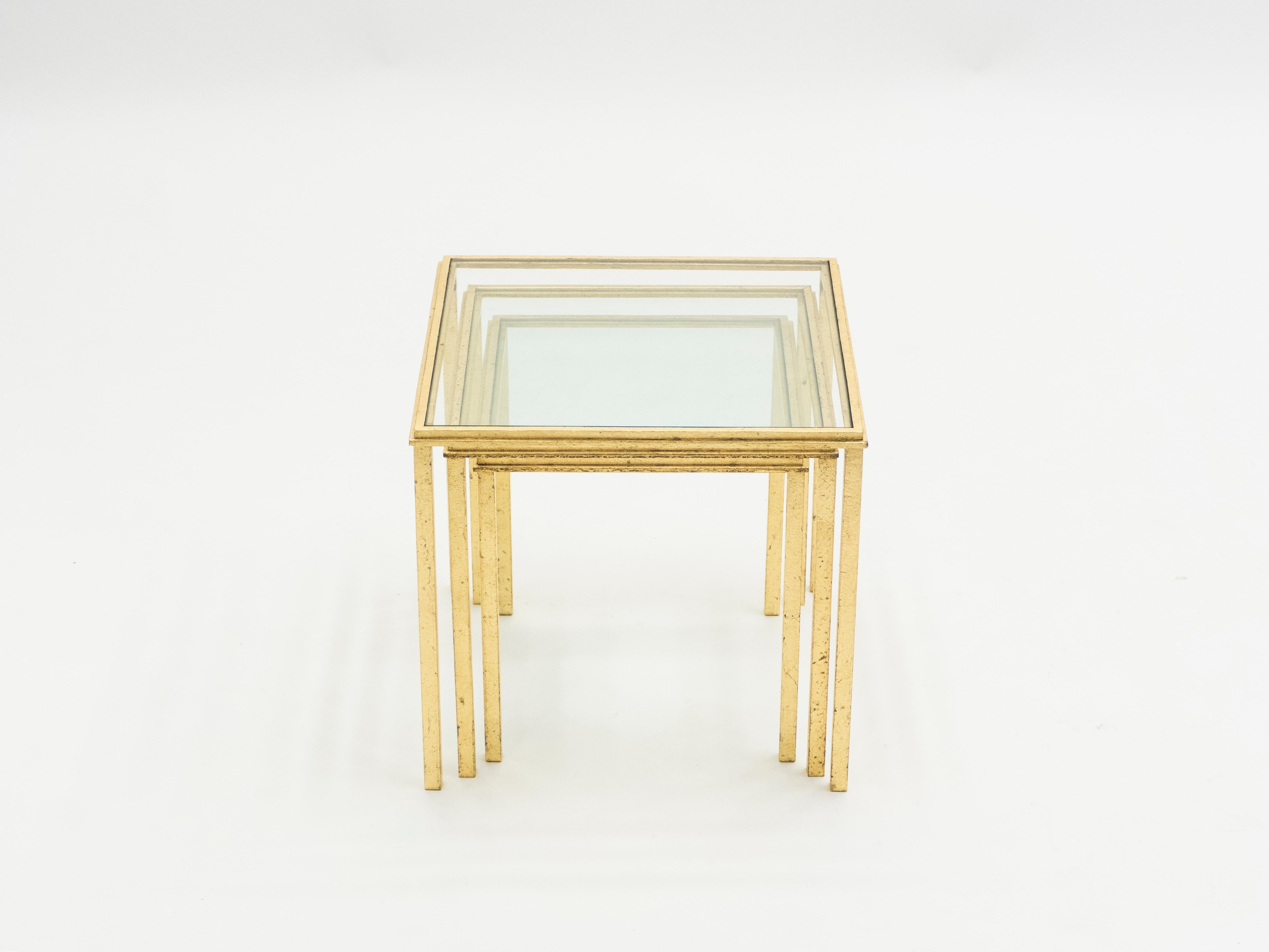 French Midcentury Roger Thibier Gilt Wrought Iron Gold Leaf Nesting Tables, 1960s For Sale