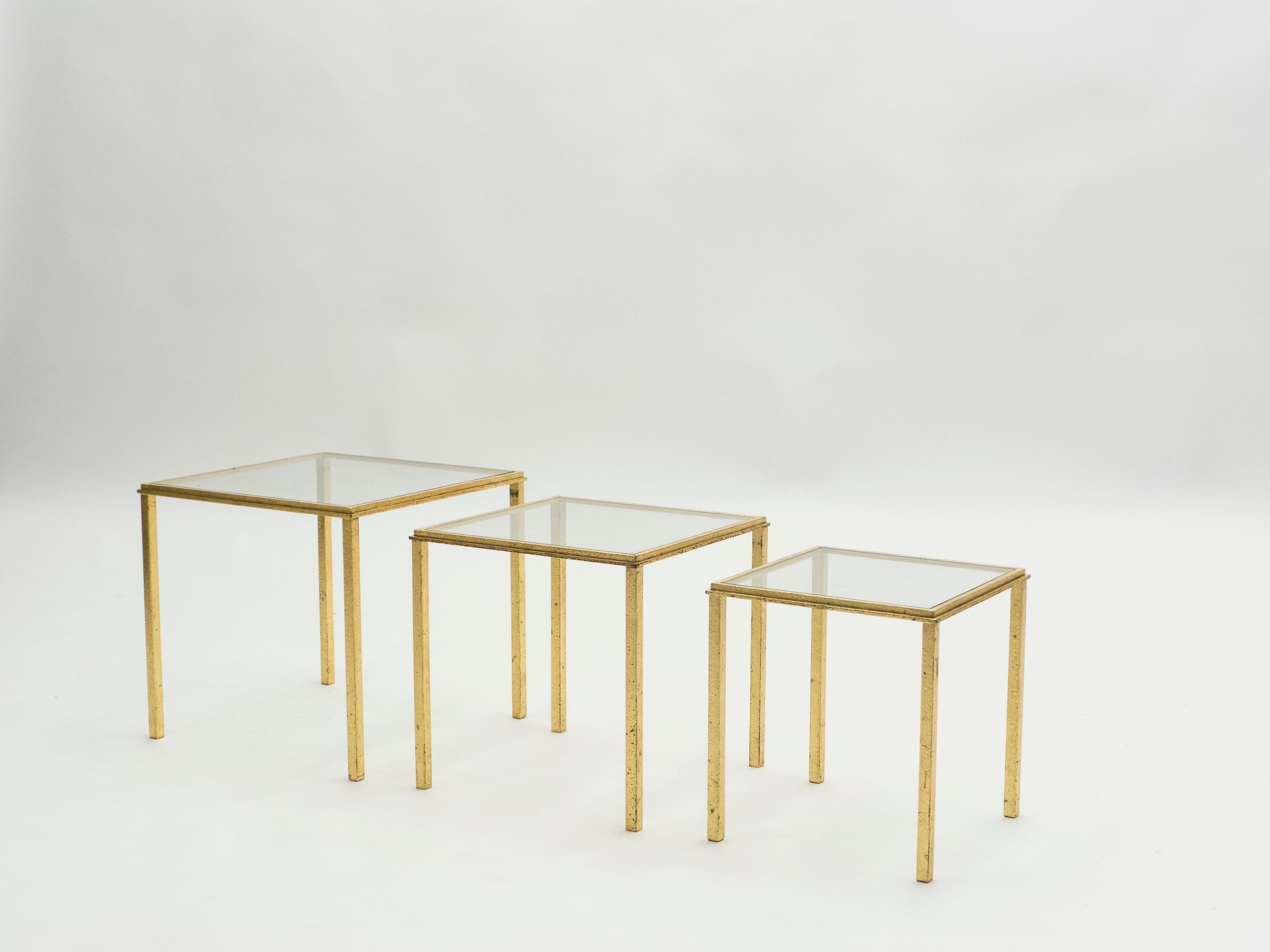 Midcentury Roger Thibier Gilt Wrought Iron Gold Leaf Nesting Tables, 1960s For Sale 1