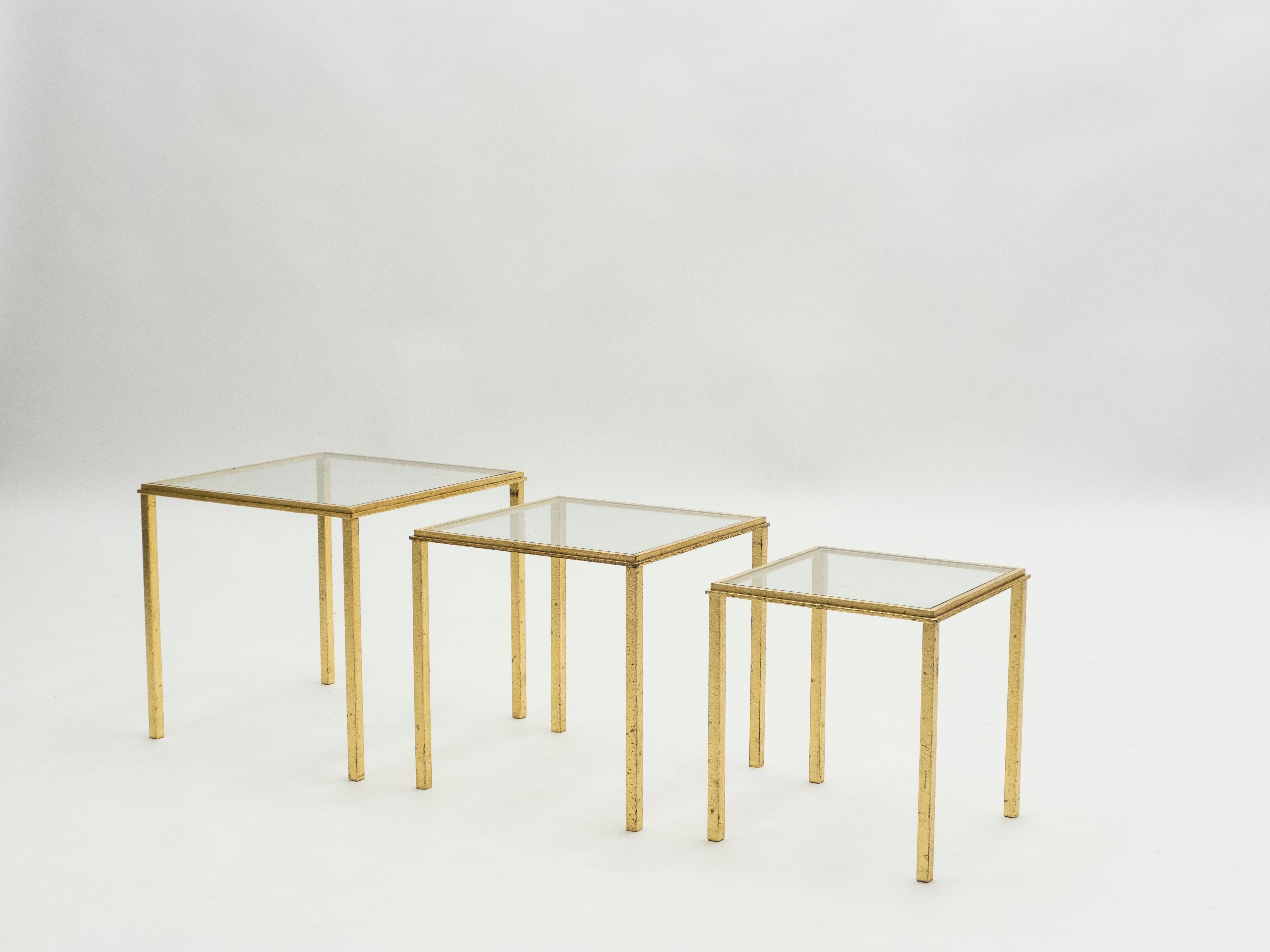Mitte des Jahrhunderts Roger Thibier vergoldete Schmiedeeisen-Blattgold-Stapeltische, 1960er Jahre im Angebot 2