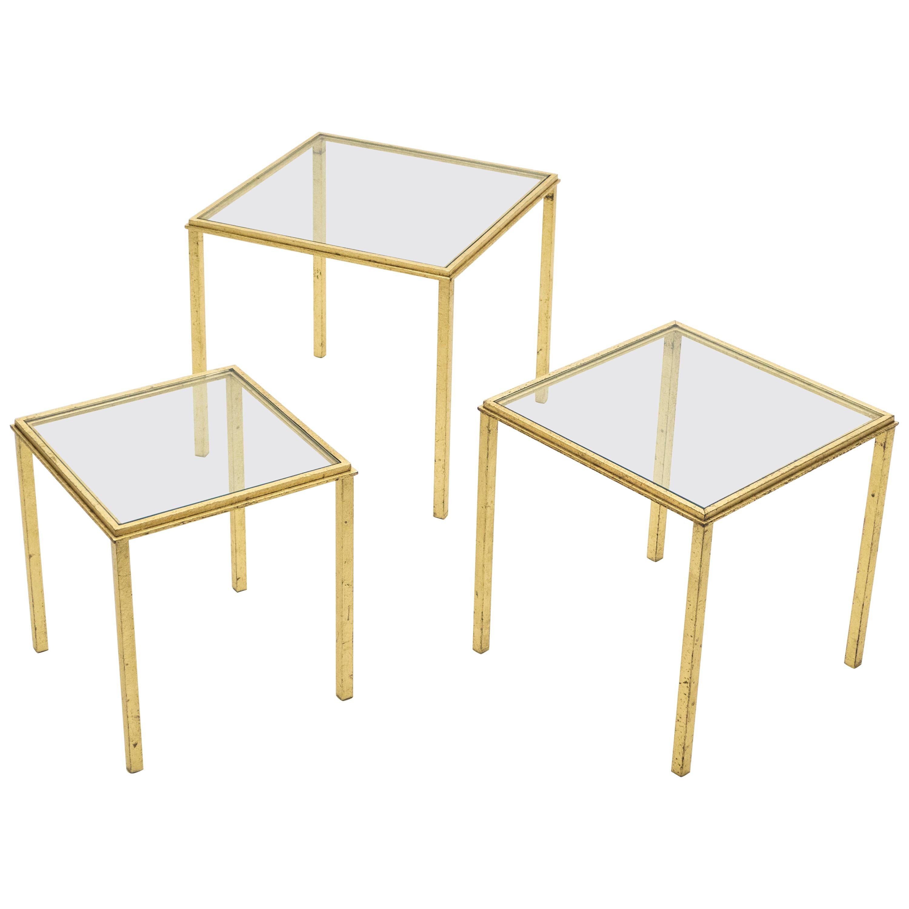Midcentury Roger Thibier Gilt Wrought Iron Gold Leaf Nesting Tables, 1960s For Sale