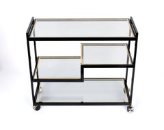 Midcentury Roger Vanhevel Black Metal, Brass and Glass Rectangular Bar Cart 1970