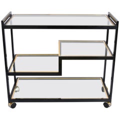 Midcentury Roger Vanhevel Black Metal, Brass and Glass Rectangular Bar Cart 1970
