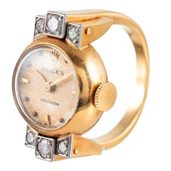 Midcentury Rolex Ring Watch with Diamonds and Original Box
