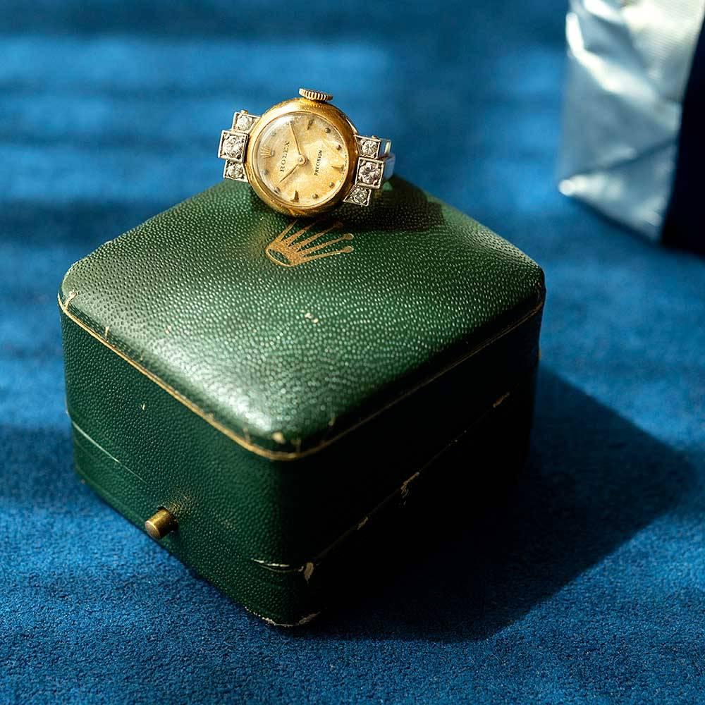 Women's Midcentury Rolex Ring Watch with Diamonds and Original Box