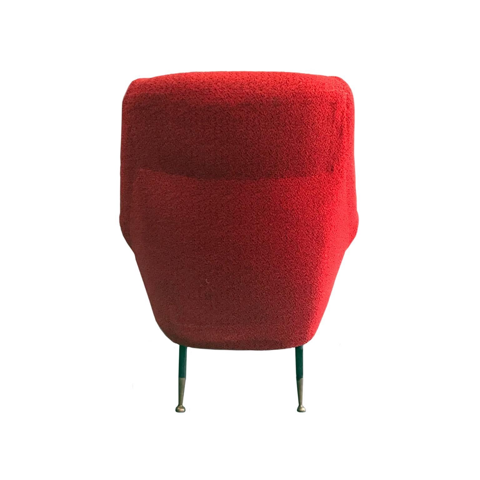 Italian Midcentury Rolled Armchair in Original Red Boucle with Iron Legs